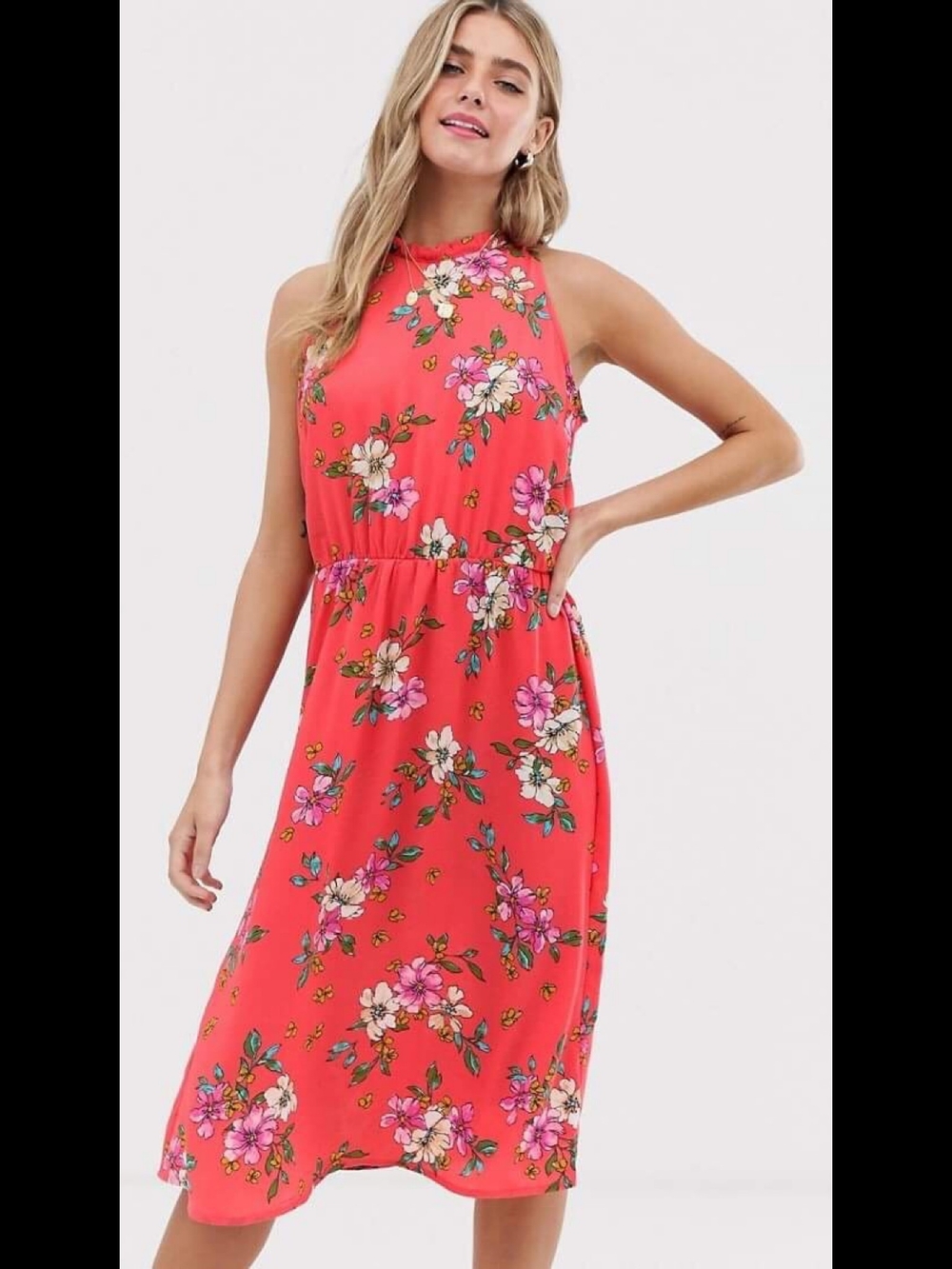 Coral Floral High Neck Midi Dress